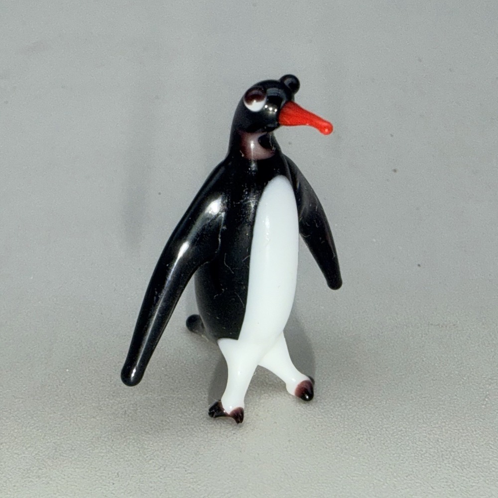Miniature Penguin Hand Blown Glass Figurine Black White Red Beak Tiny Animal